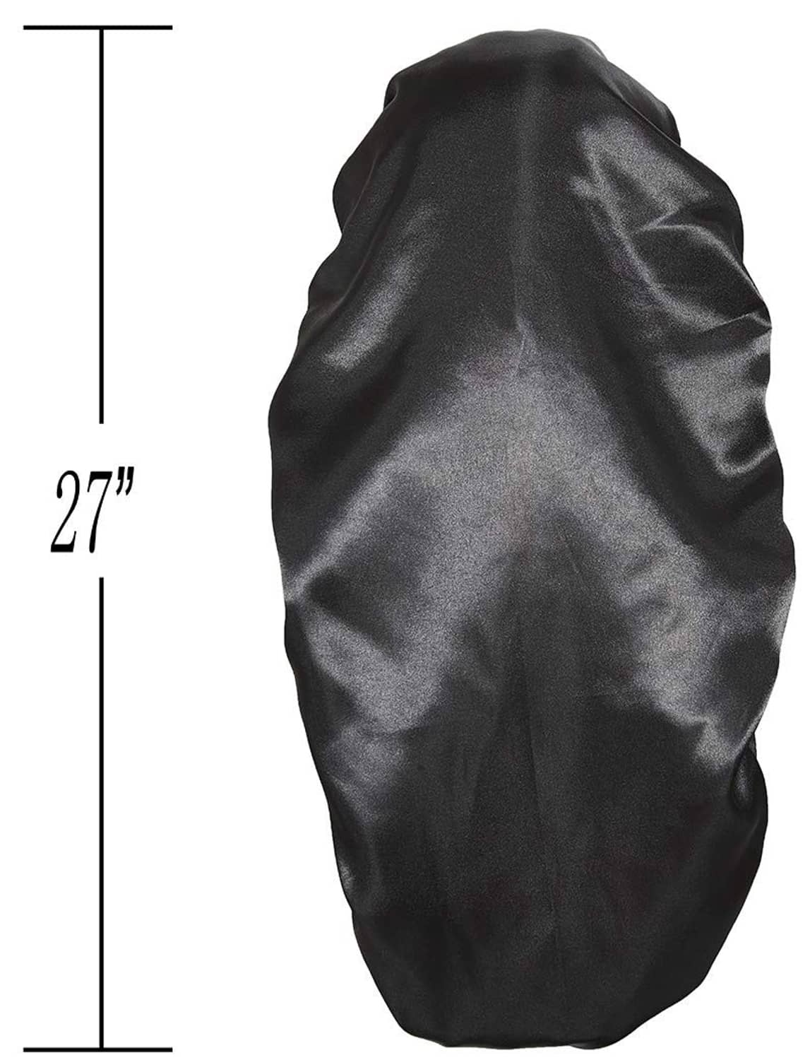 Black satin bonnet for hair, 27-inch length shown on size graphic