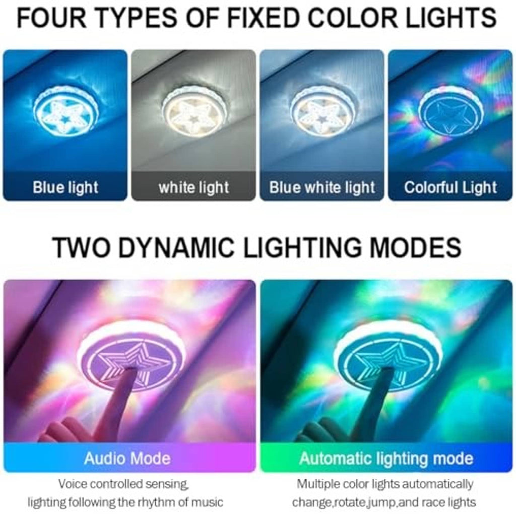 Round car ceiling LED light displaying four colors: blue, white, blue-white, colorful