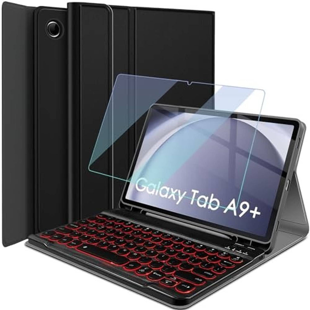 Black tablet keyboard case with red backlit keys and protective front cover