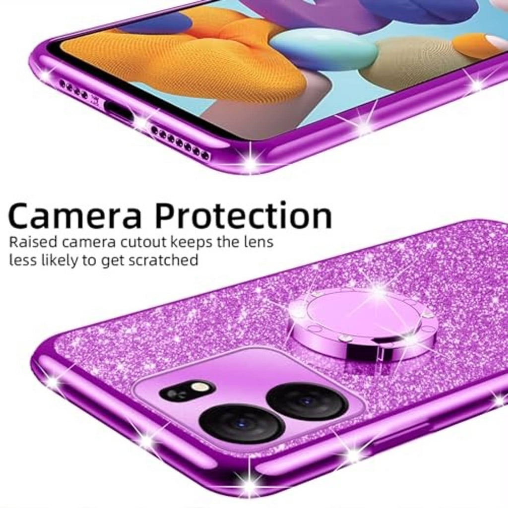 Purple glitter TPU phone case with raised camera cutout and sparkly ring design