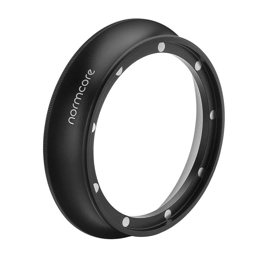 Normcore black magnetic dosing funnel frame with visible mounting holes.