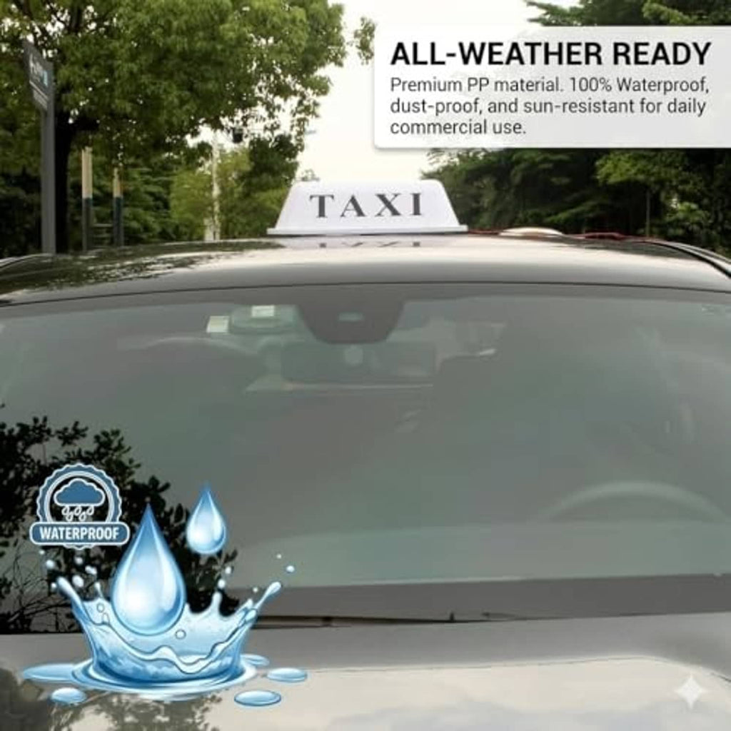 Taxi LED roof light mounted on car roof with water-drop protection icon