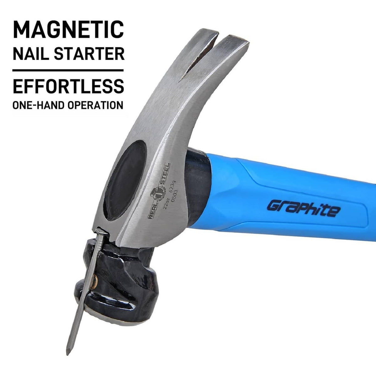 Graphite magnetic nail starter claw hammer with blue handle and silver face