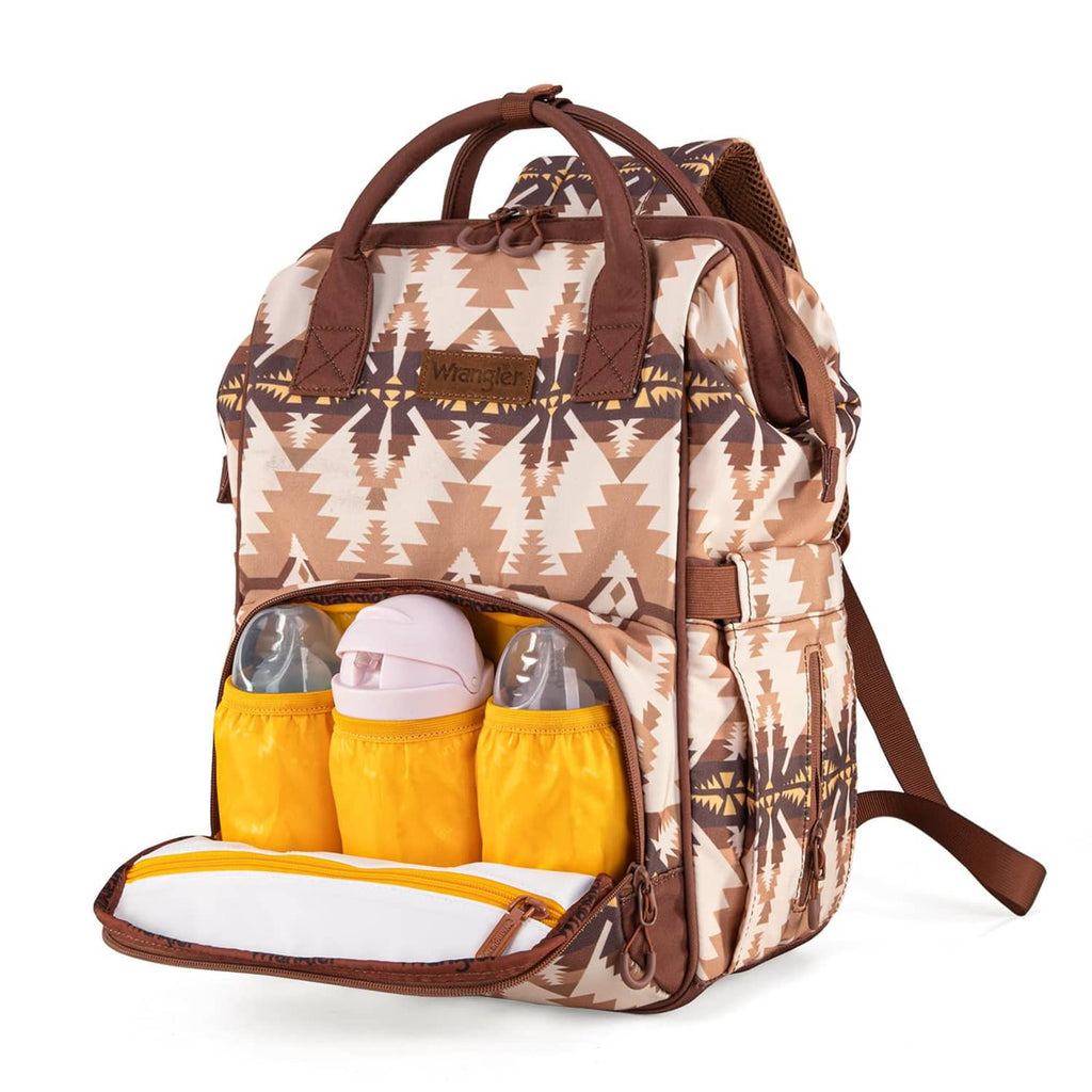 Wrangler Callie diaper bag, beige aztec print with brown trim; open interior compartments
