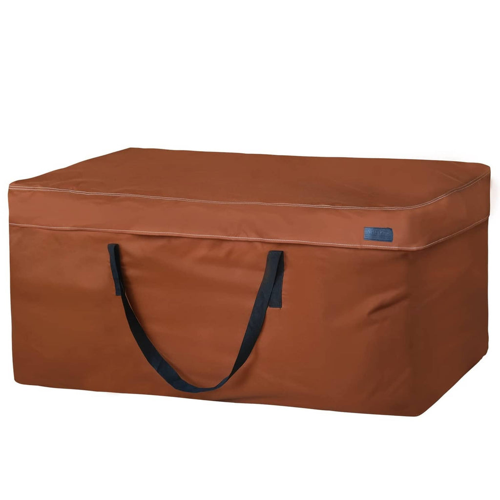 Brown outdoor patio cushion storage bag with dark blue carry handles