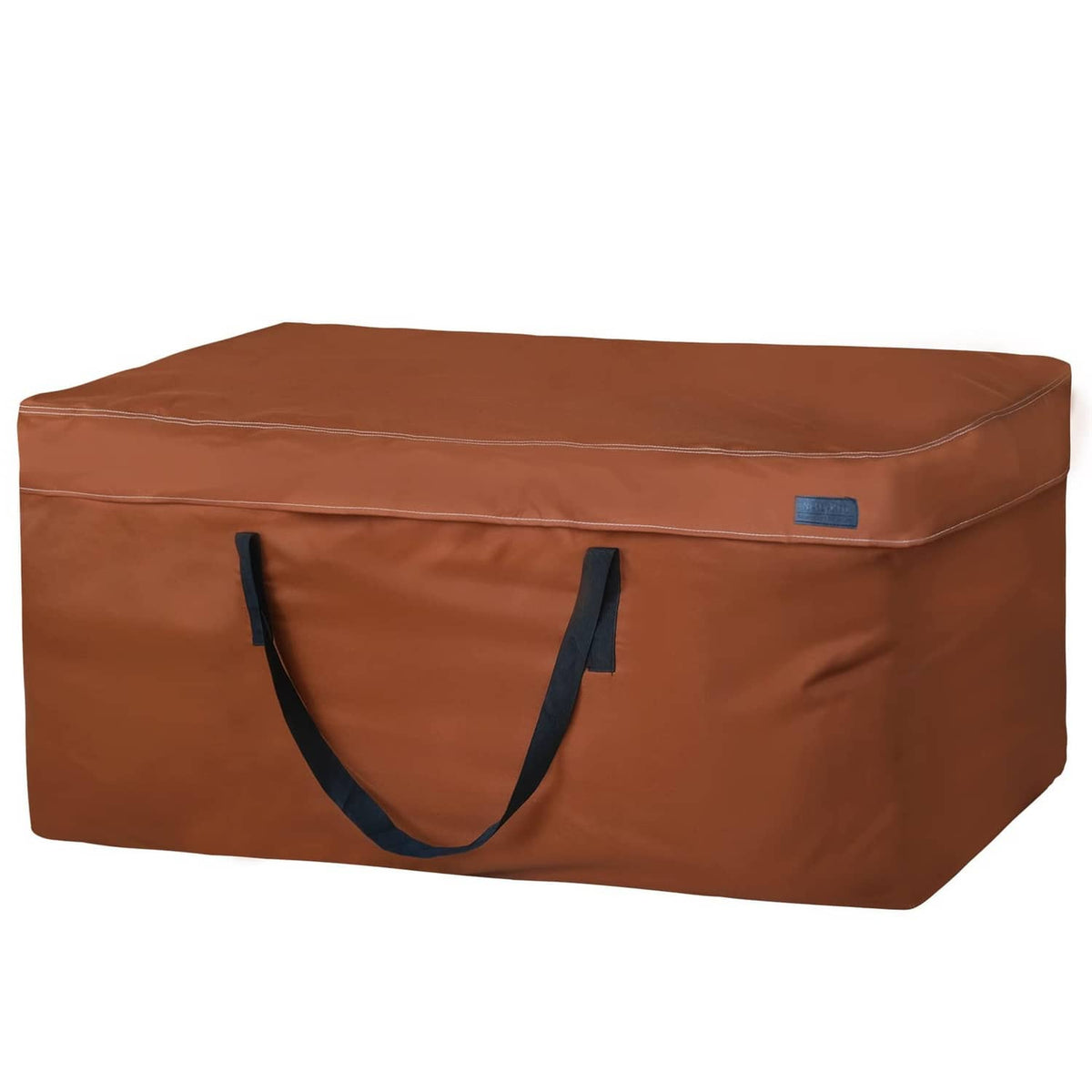 Brown outdoor patio cushion storage bag with dark blue carry handles