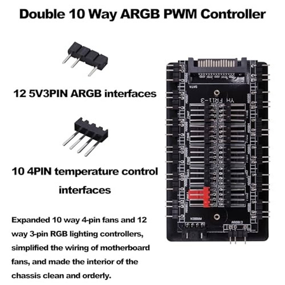 Double 10-way ARGB PWM controller board with multiple 5V ARGB and PWM headers