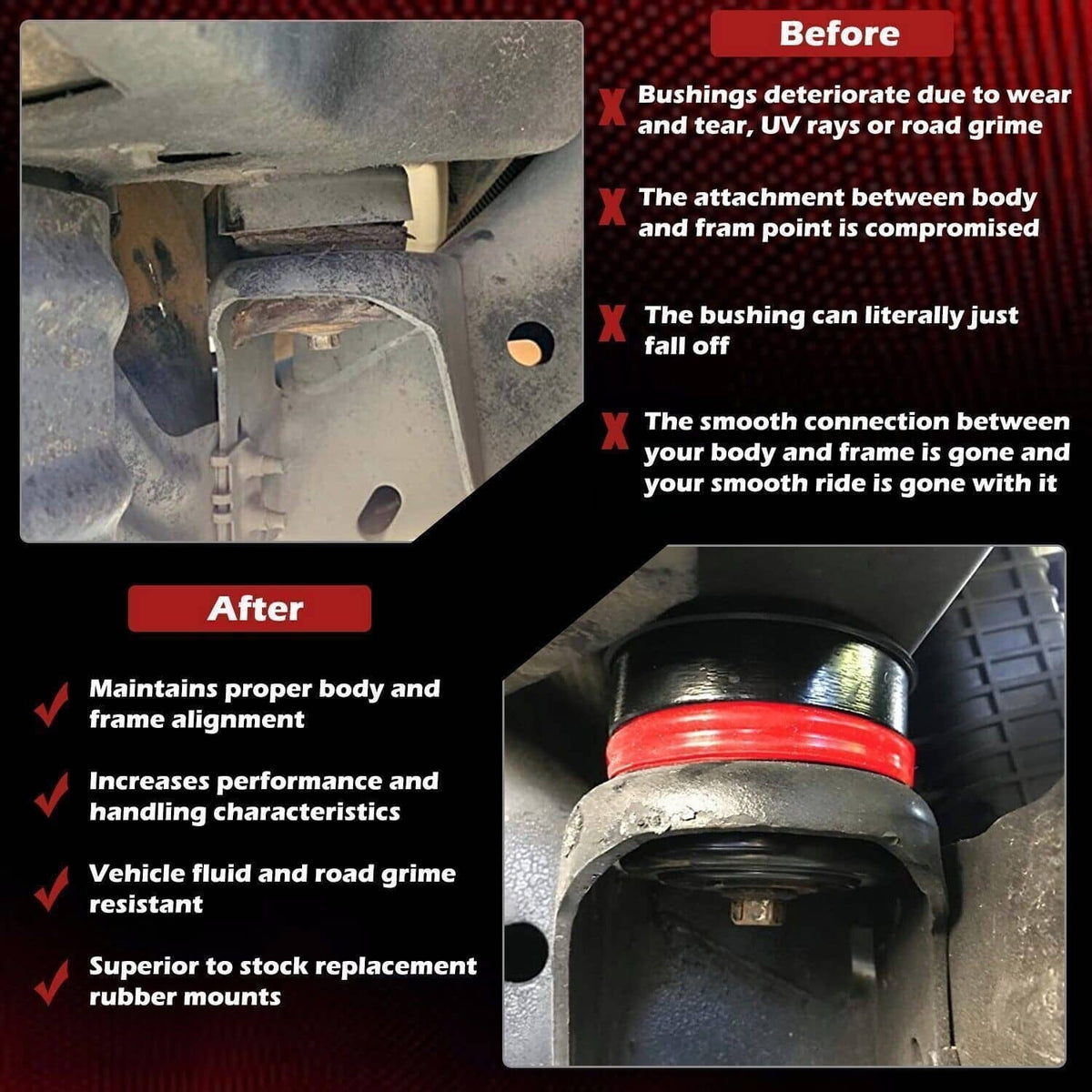 Installed body mount bushing with red silicone ring and black steel cup