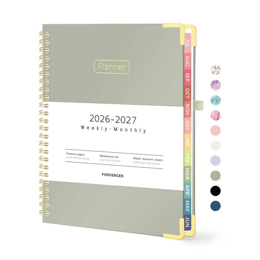 Olive green academic planner with gold spiral binding and labeled cover, 2026–2027
