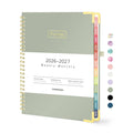 Olive green academic planner with gold spiral binding and labeled cover, 2026–2027