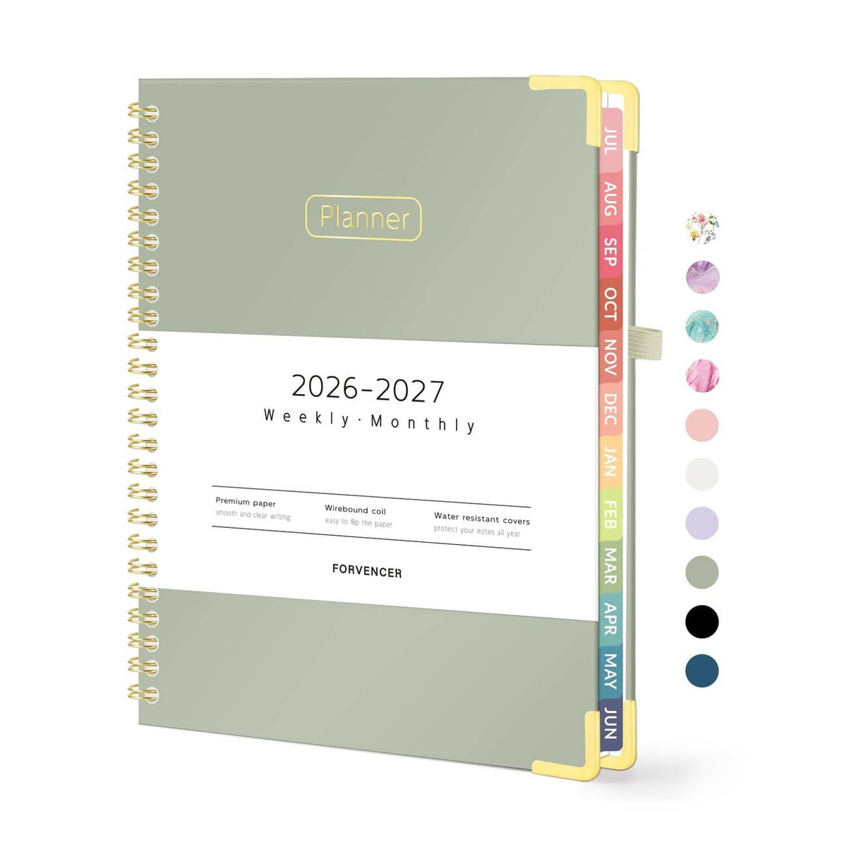 Olive green academic planner with gold spiral binding and labeled cover, 2026–2027