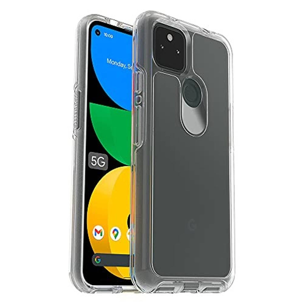 Clear Pixel 5a case showing back with camera and fingerprint cutout, slim fit