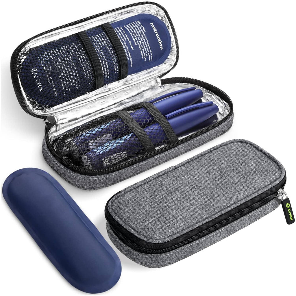 Gray zippered insulin cooler travel case with foil liner and mesh pocket compartments