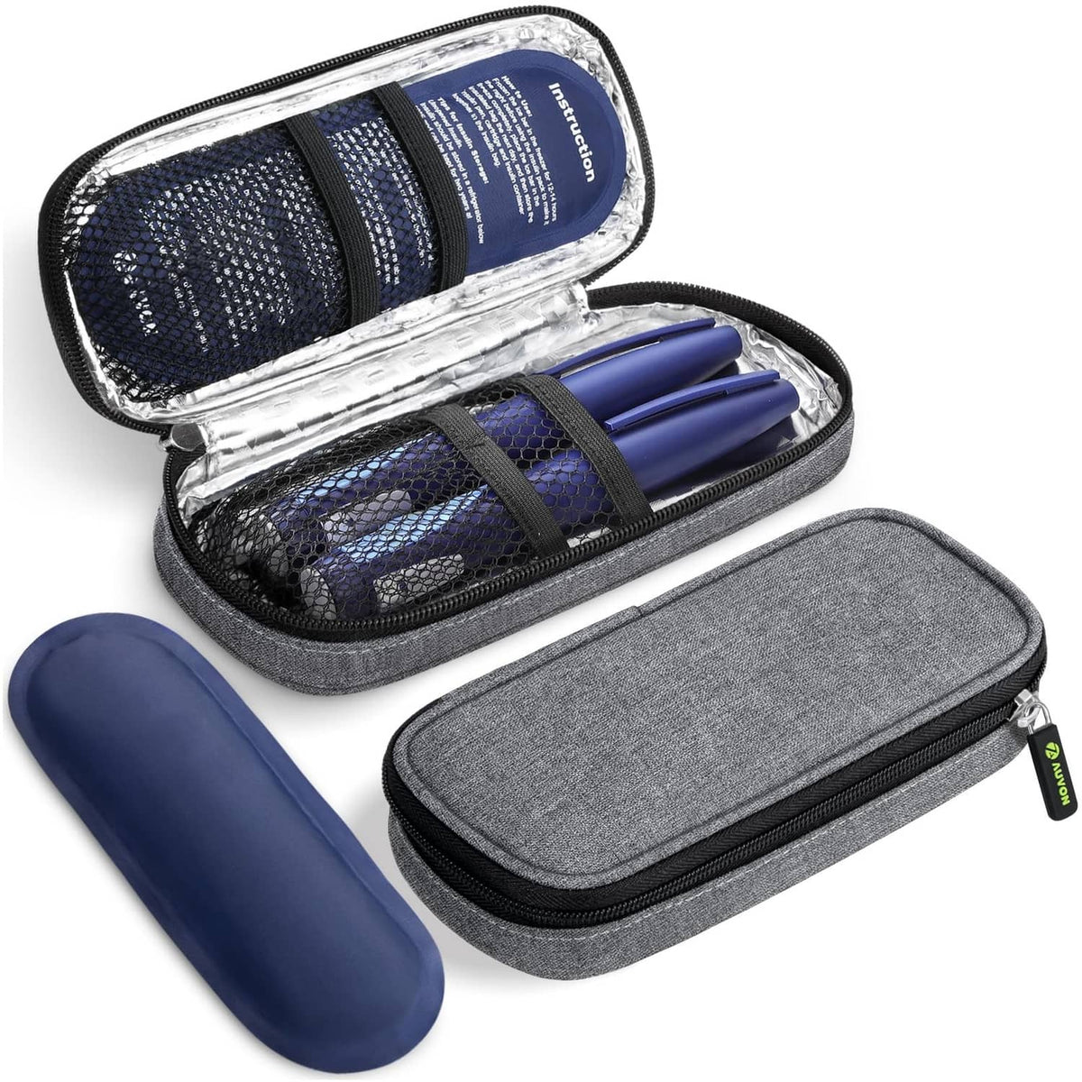 Gray zippered insulin cooler travel case with foil liner and mesh pocket compartments