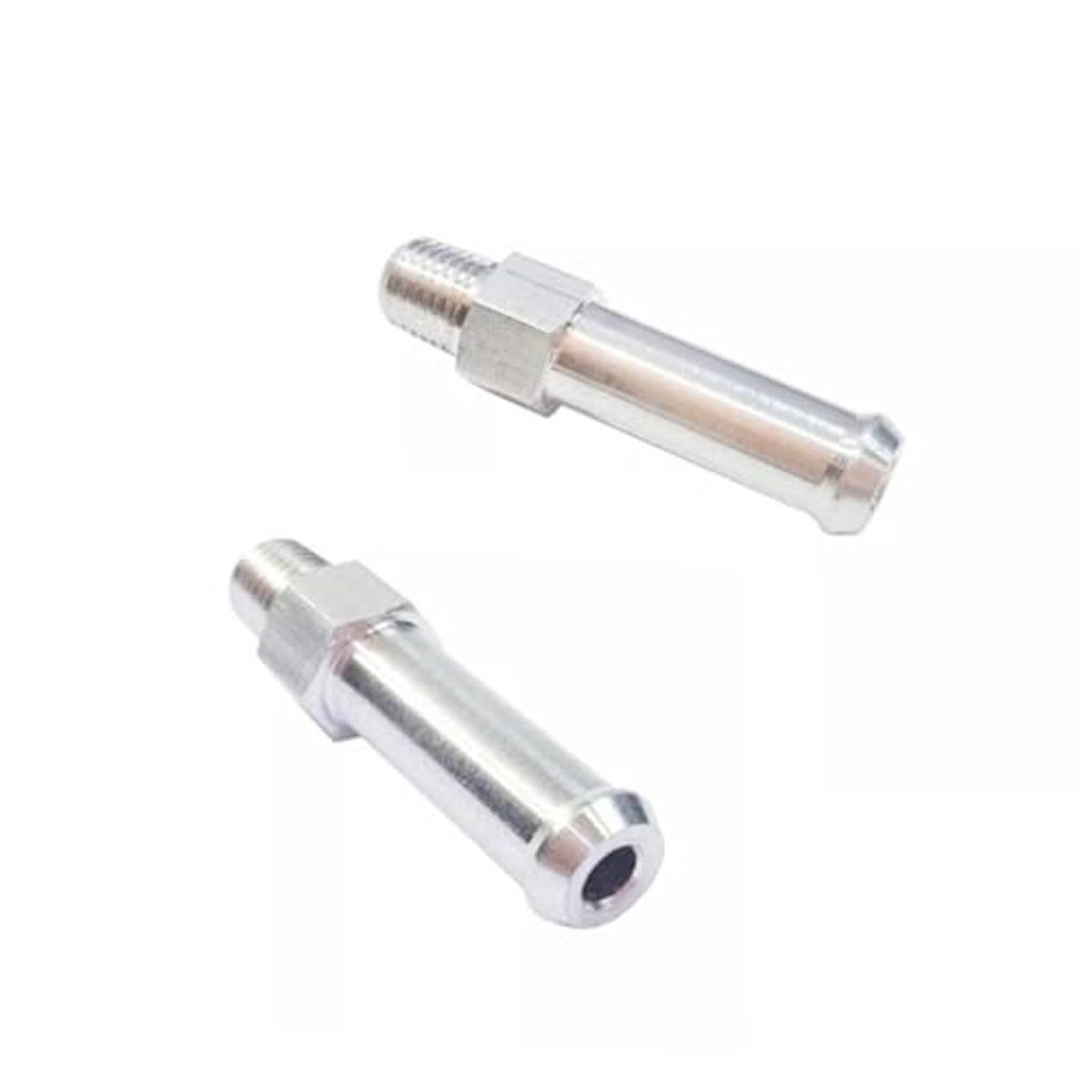 Aluminum 1/16 NPT radiator hose barb fitting with barbed end, silver metal