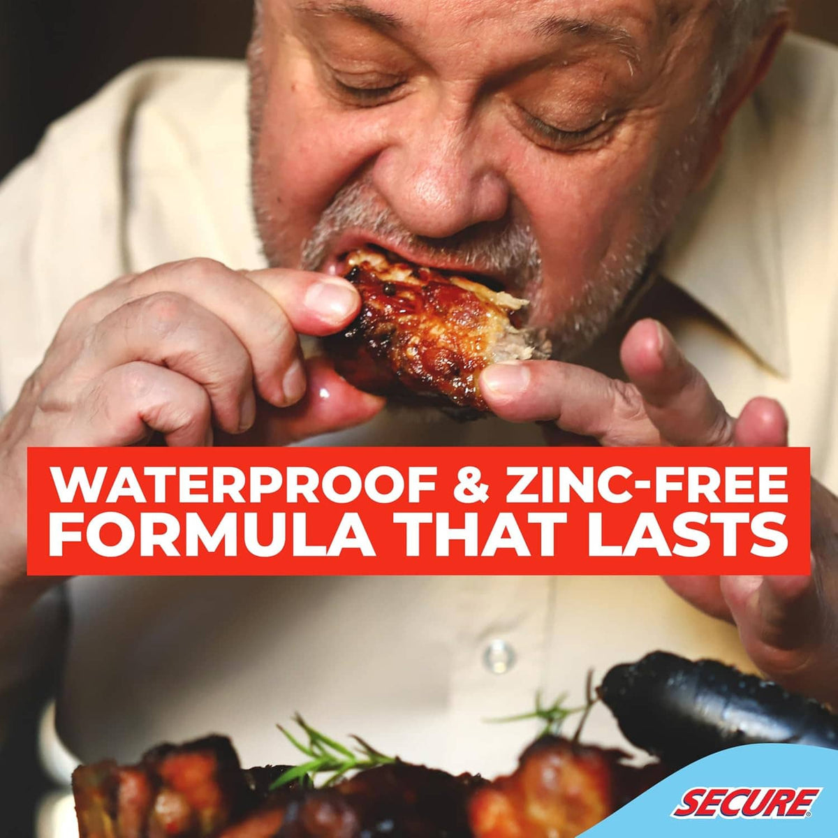 Waterproof and zinc-free denture adhesive formula label with Secure branding