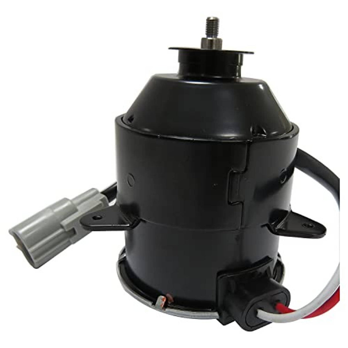 Cooling fan motor with black cylindrical housing, wiring harness, and metal mounting bracket