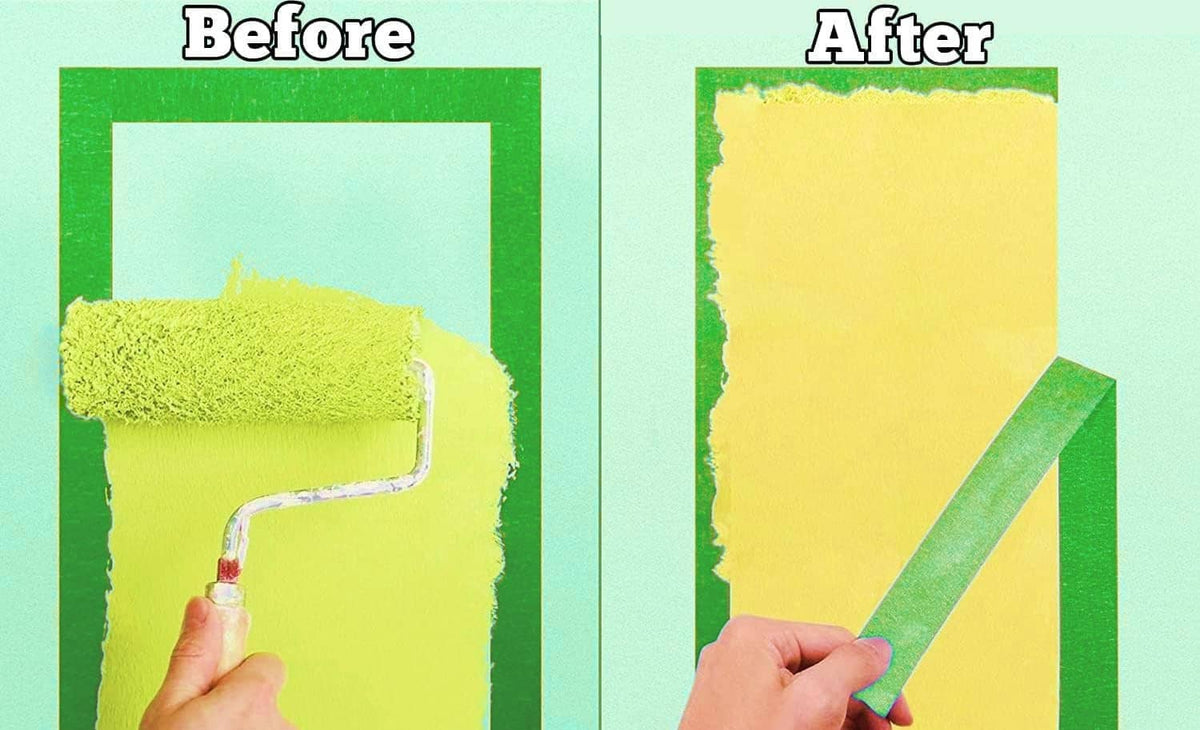 Green pinstripe tape masking lines applied to a painted wall edge