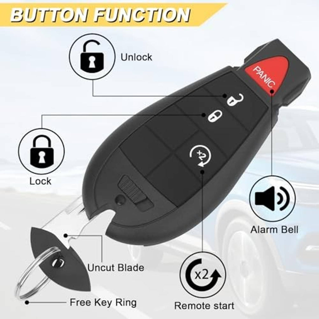 Black key fob remote with lock, unlock, panic, alarm bell, and remote start buttons
