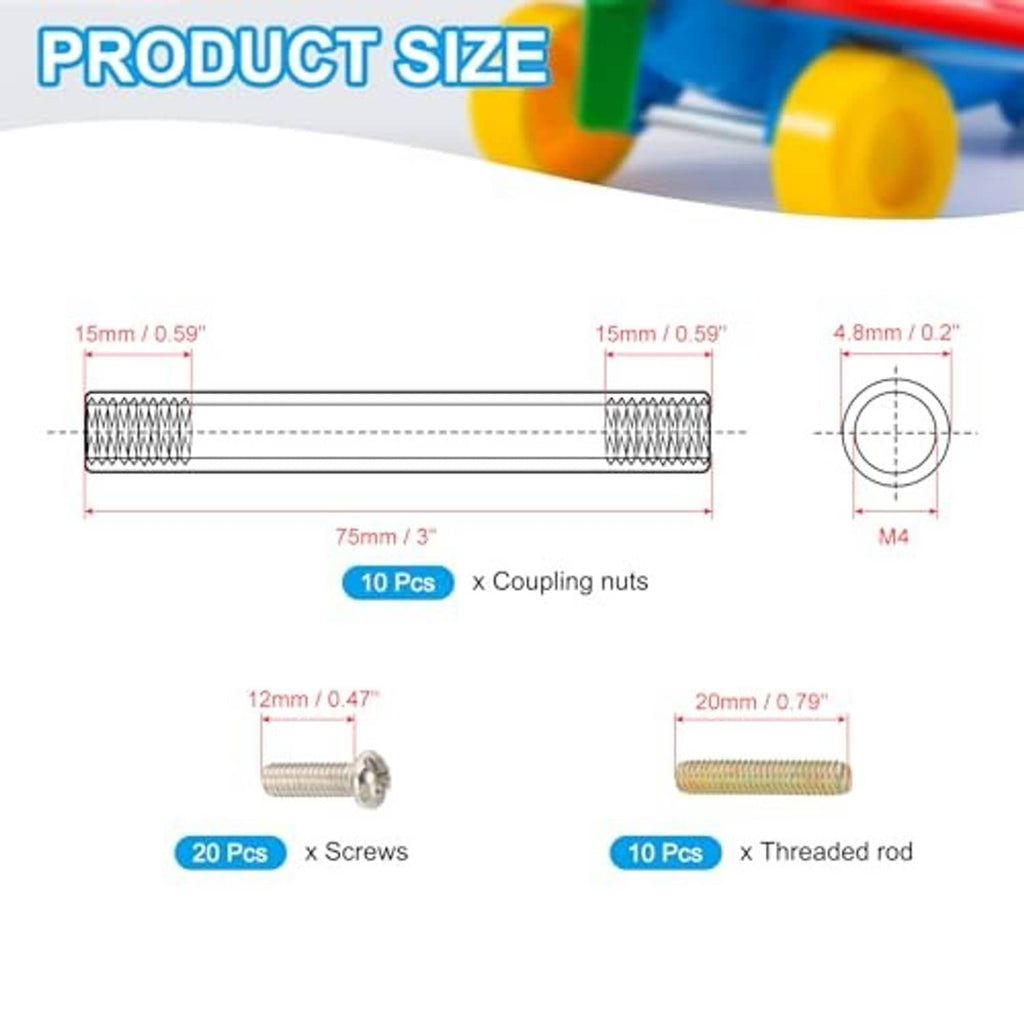 Product size diagram for M4 coupling nuts kit with 75mm threaded connector bars