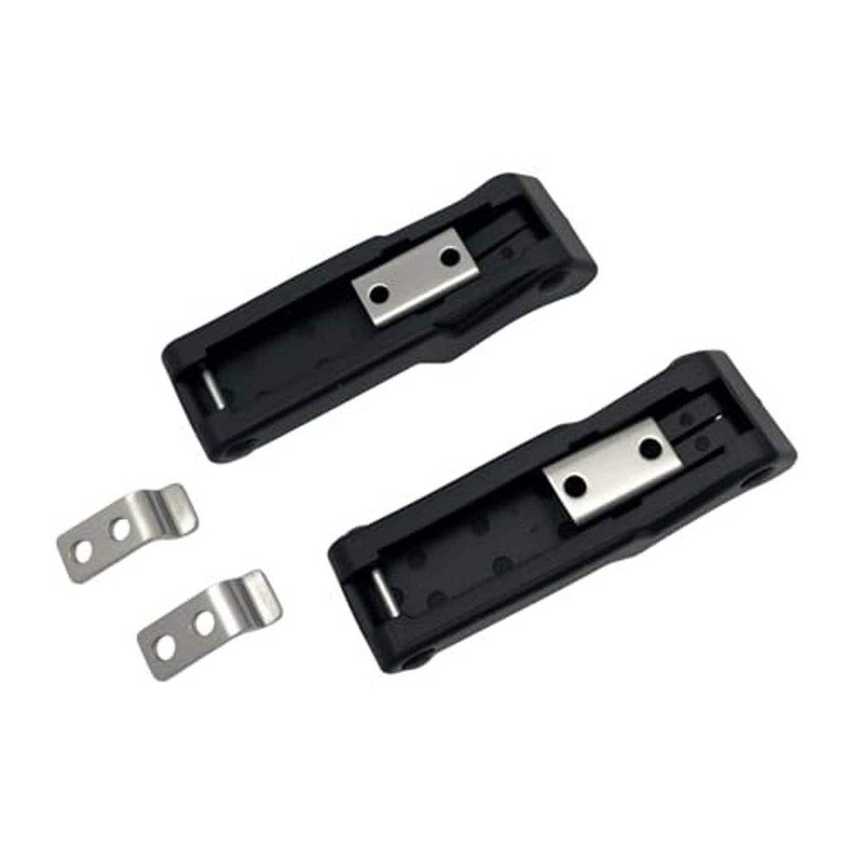 Two black latch bases with exposed mounting plates and two silver metal brackets