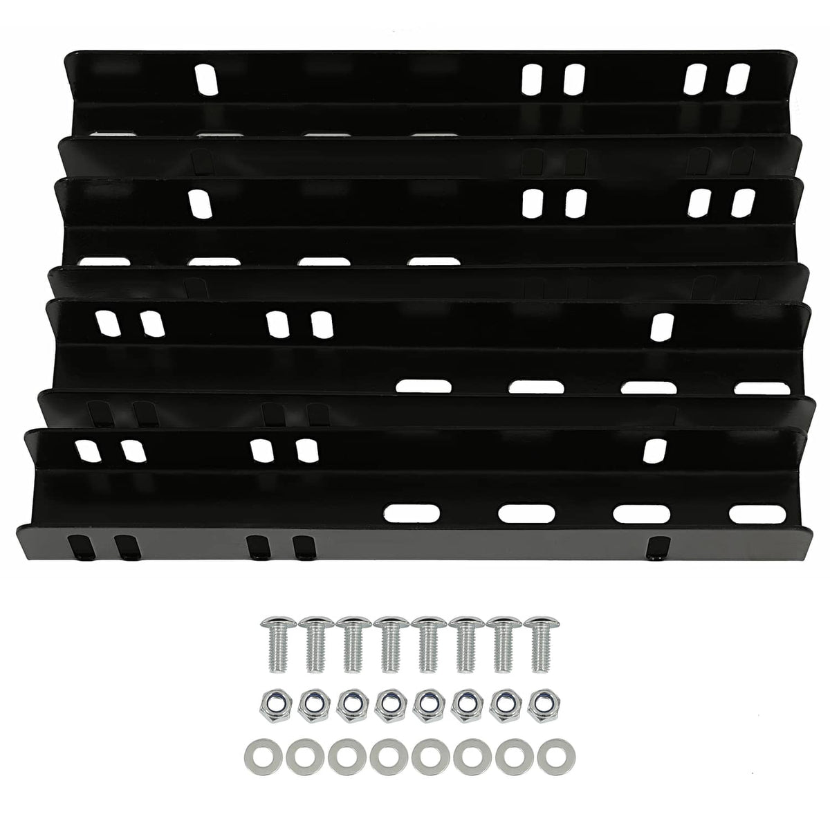 Black perforated trailer fender mounting brackets with bolts and washers
