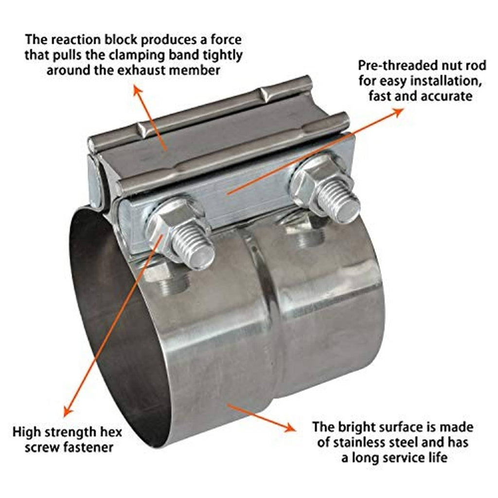 Stainless exhaust clamp with reinforced band, hex screws, and pre-threaded nut rods