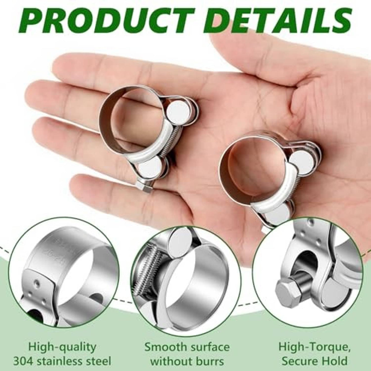 304 stainless T-bolt hose clamps held in hand, adjustable band and slotted head screws