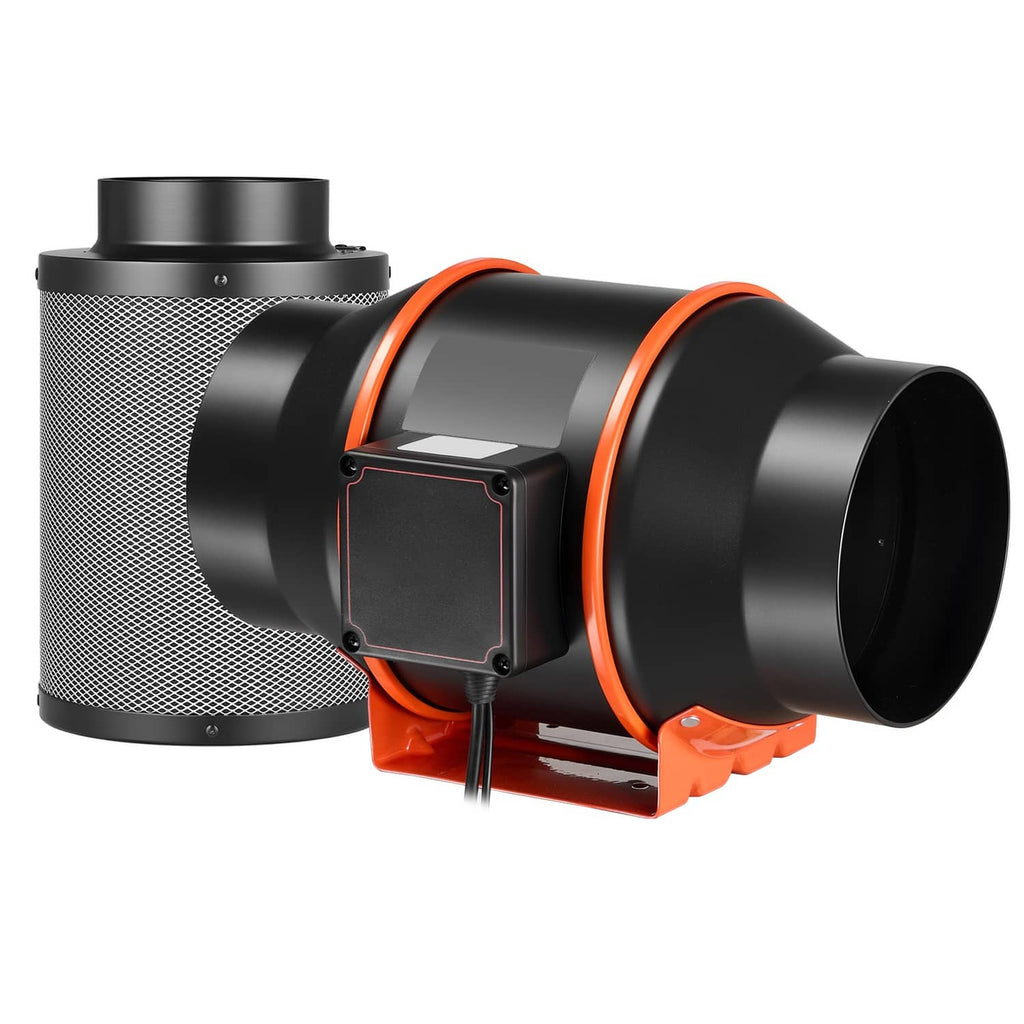 Inline duct fan kit with black grille housing, orange ring, and controller wiring