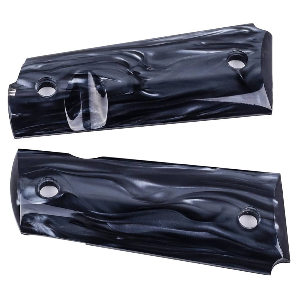 Black synthetic pearl 1911 grip panel pair, angled view showing screw holes and texture