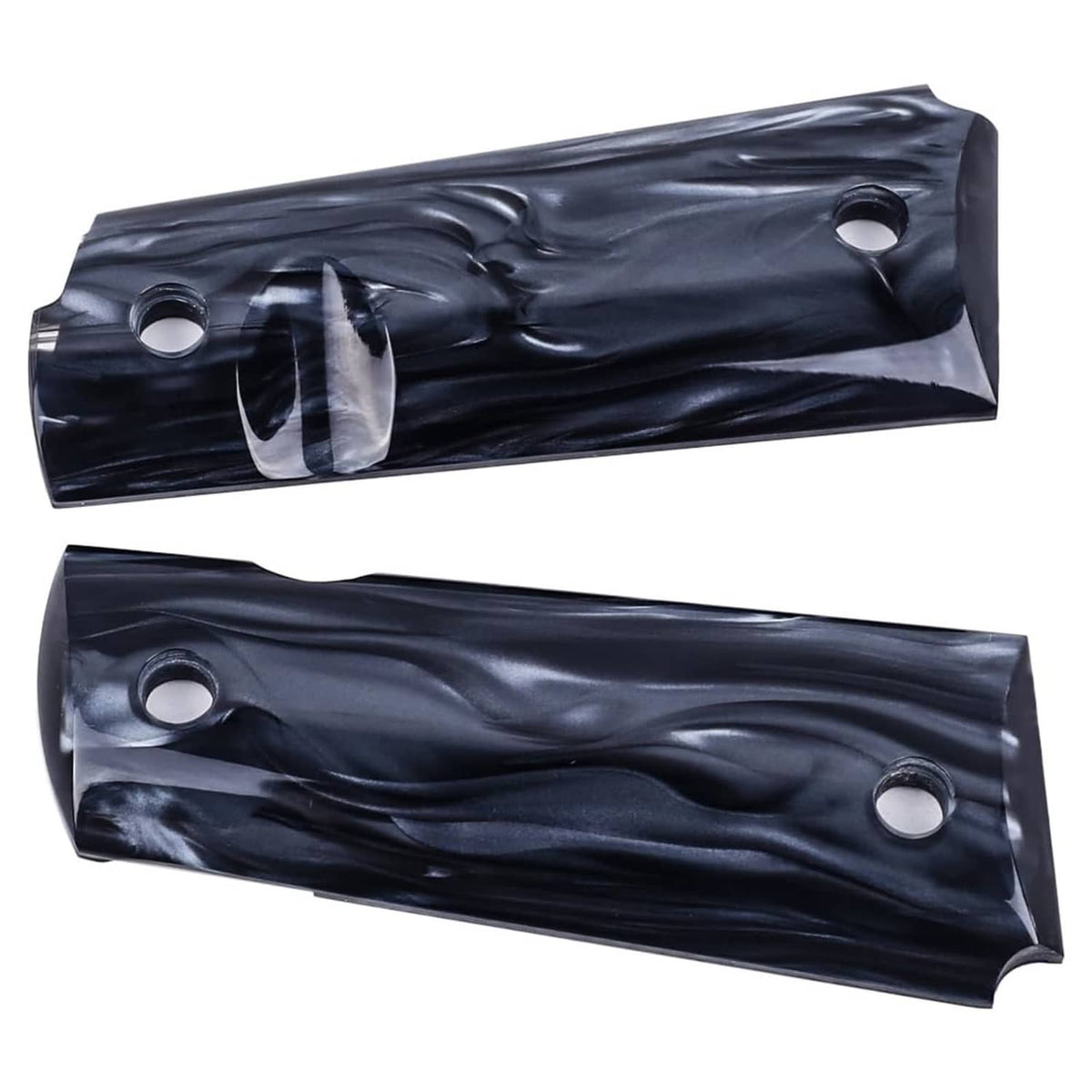 Black synthetic pearl 1911 grip panel pair, angled view showing screw holes and texture