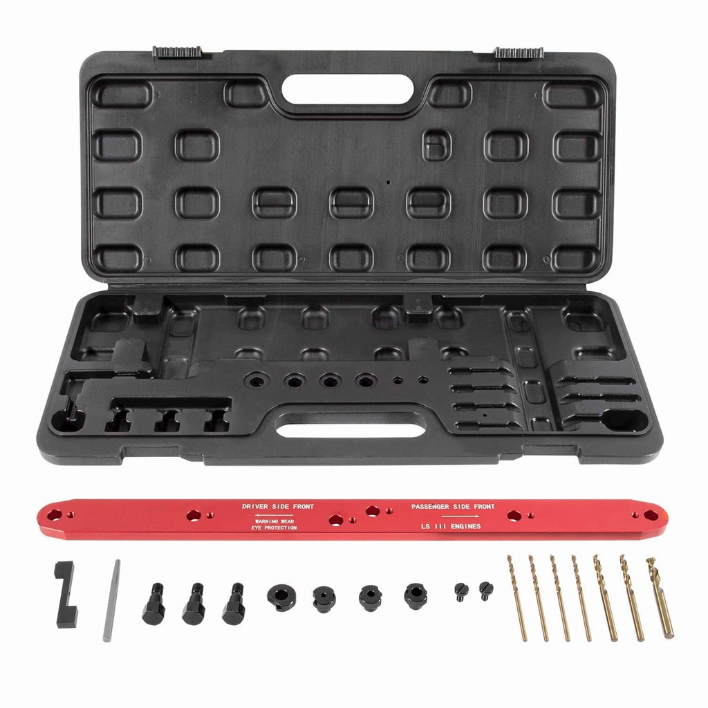 Manifold drill template kit in black hard case with red guide bar and assorted parts