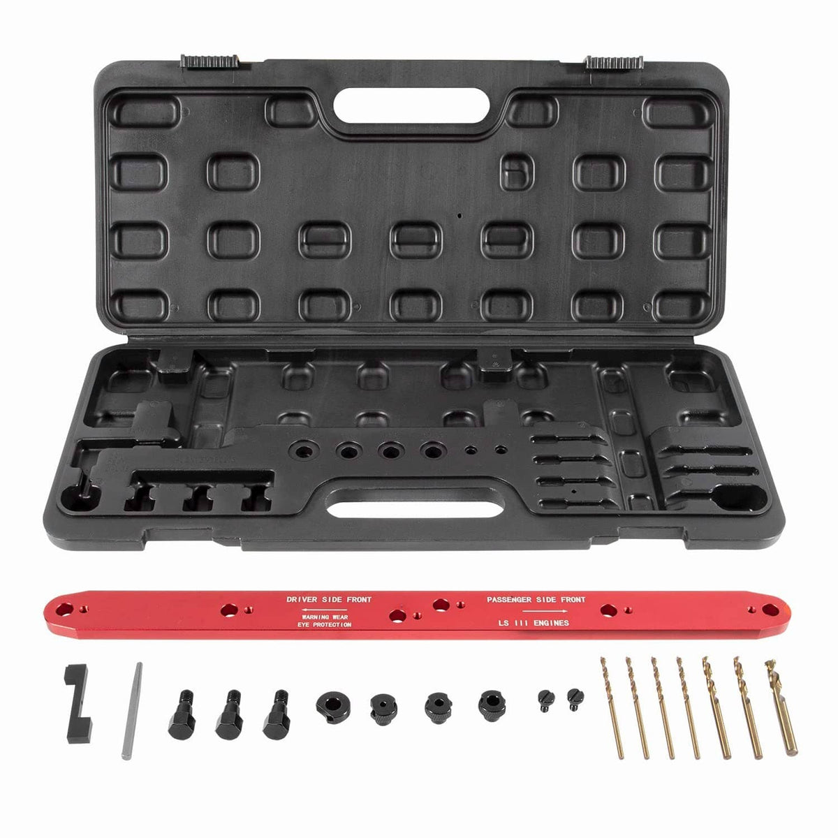 Manifold drill template kit in black hard case with red guide bar and assorted parts