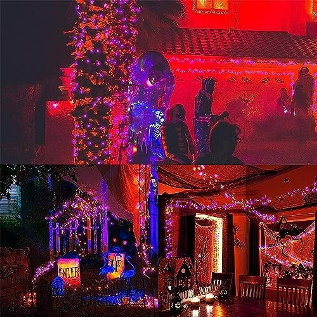 Outdoor orange and purple mini LED string lights draped across decorations