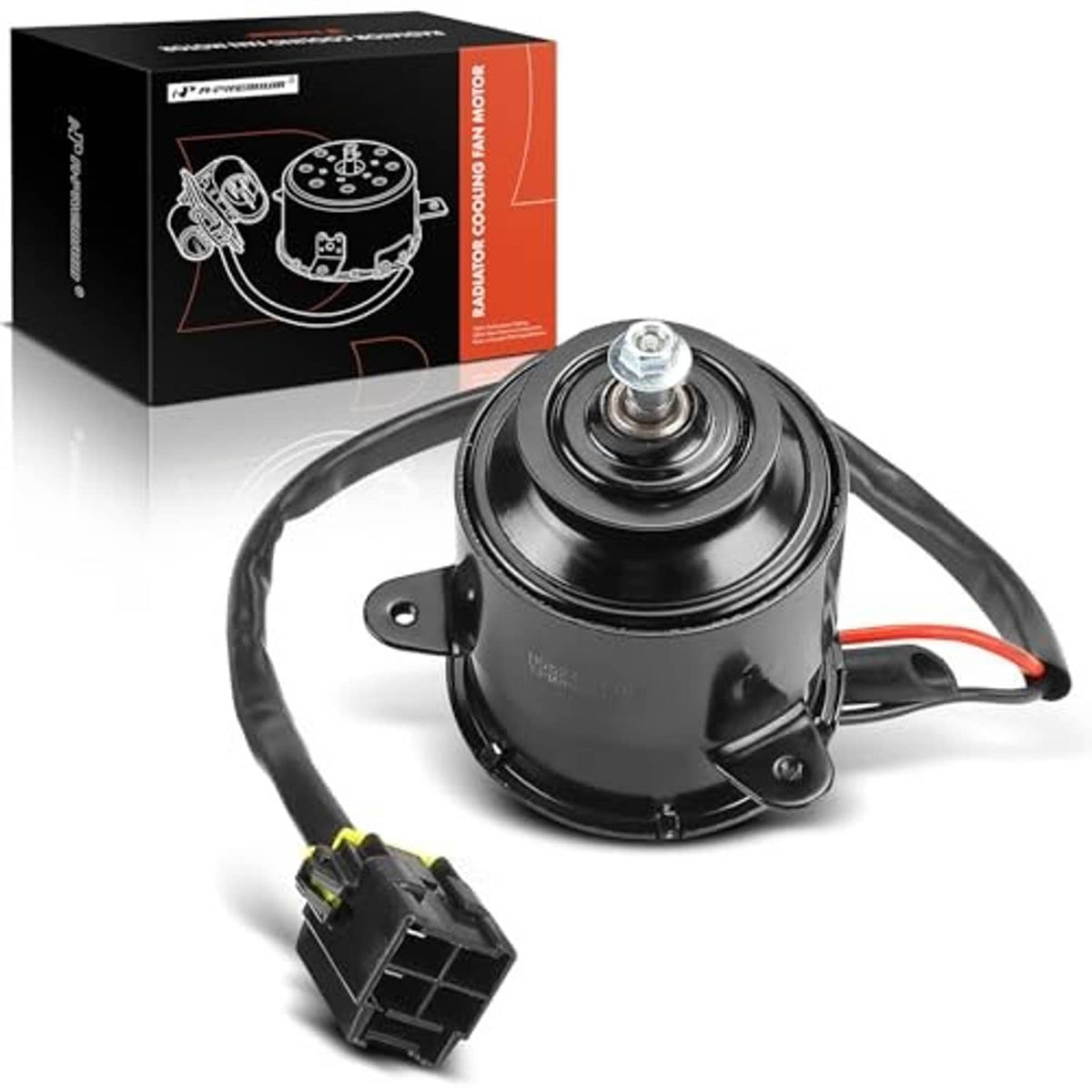 Black radiator fan motor with mounting bracket, electrical connector, and red/black wires