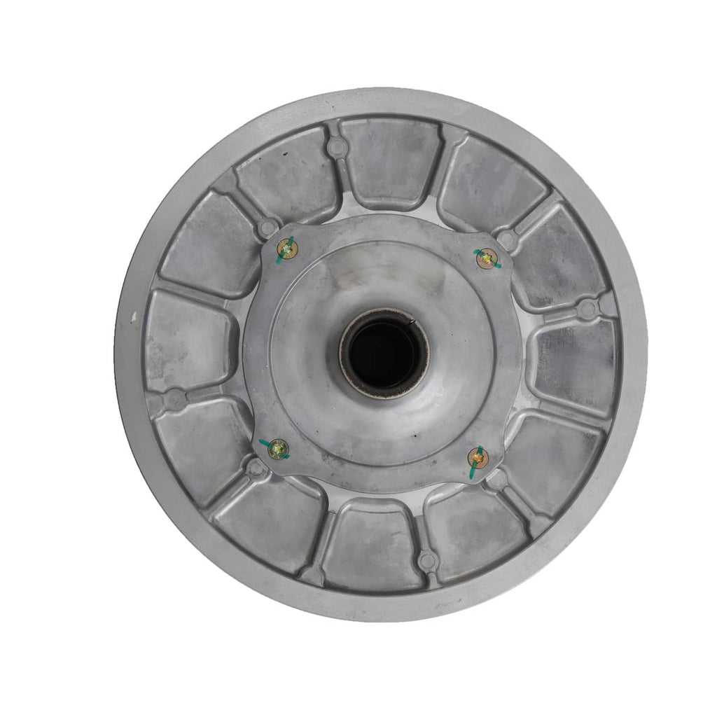 Secondary driven clutch sheave, silver metal circular hub with center black opening