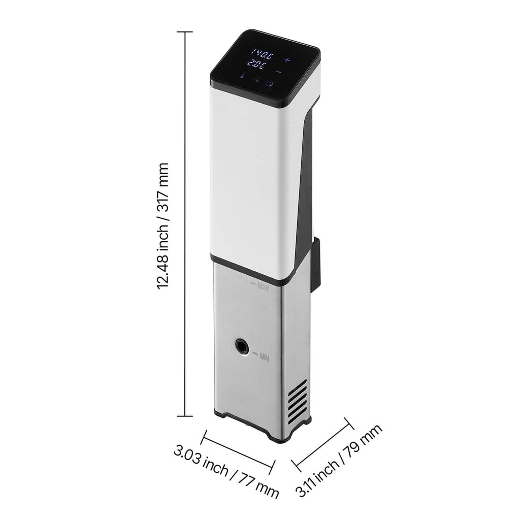 Sous vide immersion circulator height and base dimensions on white background