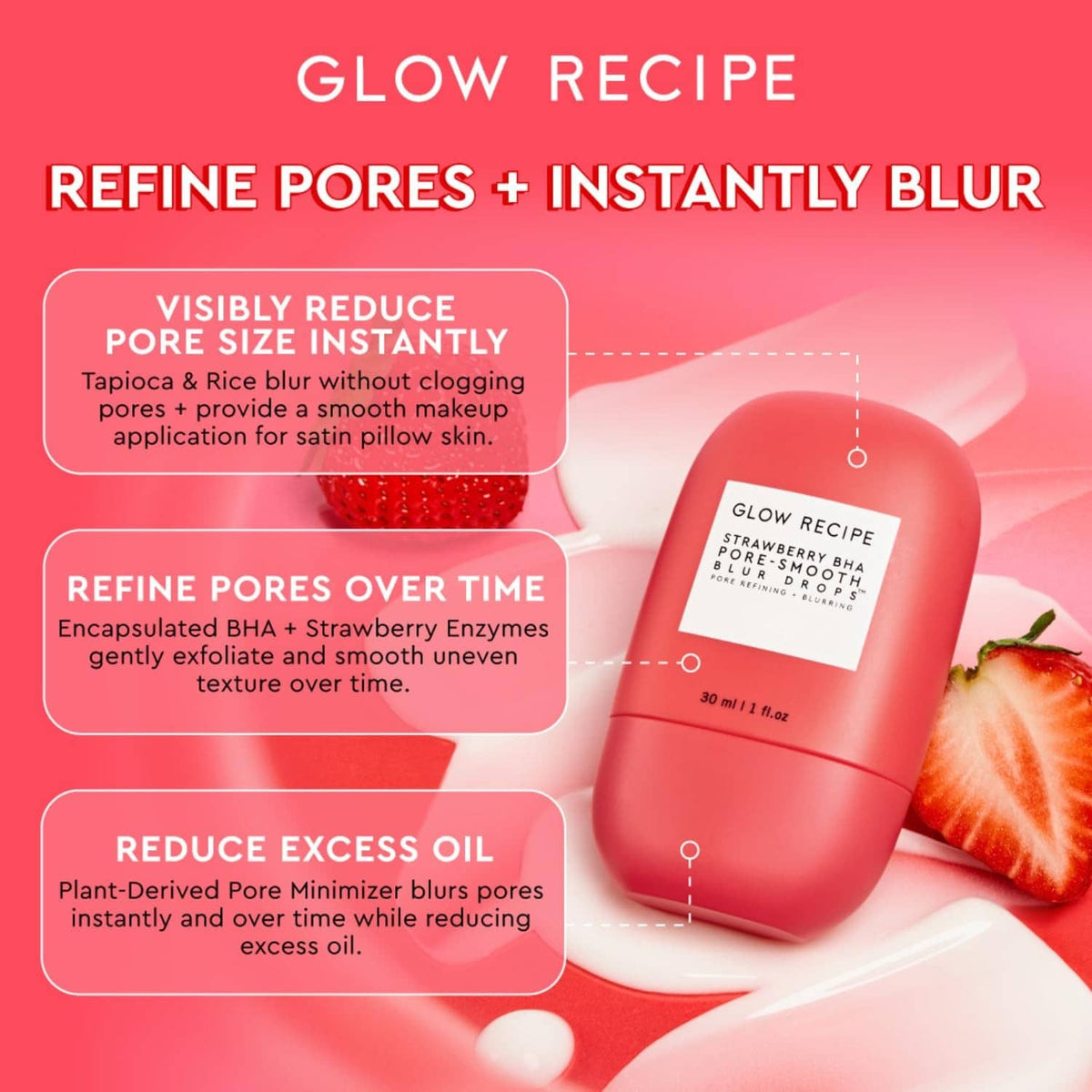 Strawberry BHA blur drops bottle beside skincare product package