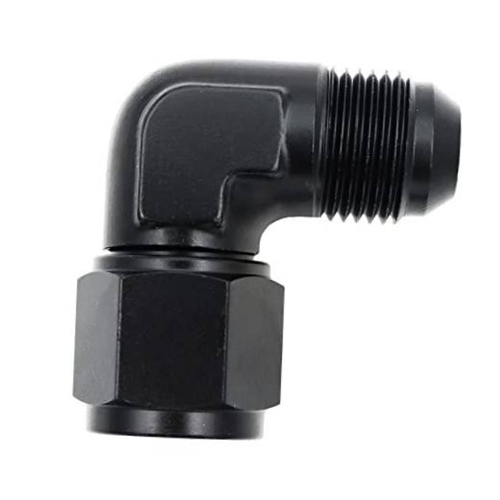 Black 90-degree AN flare swivel adapter with external thread and hex base