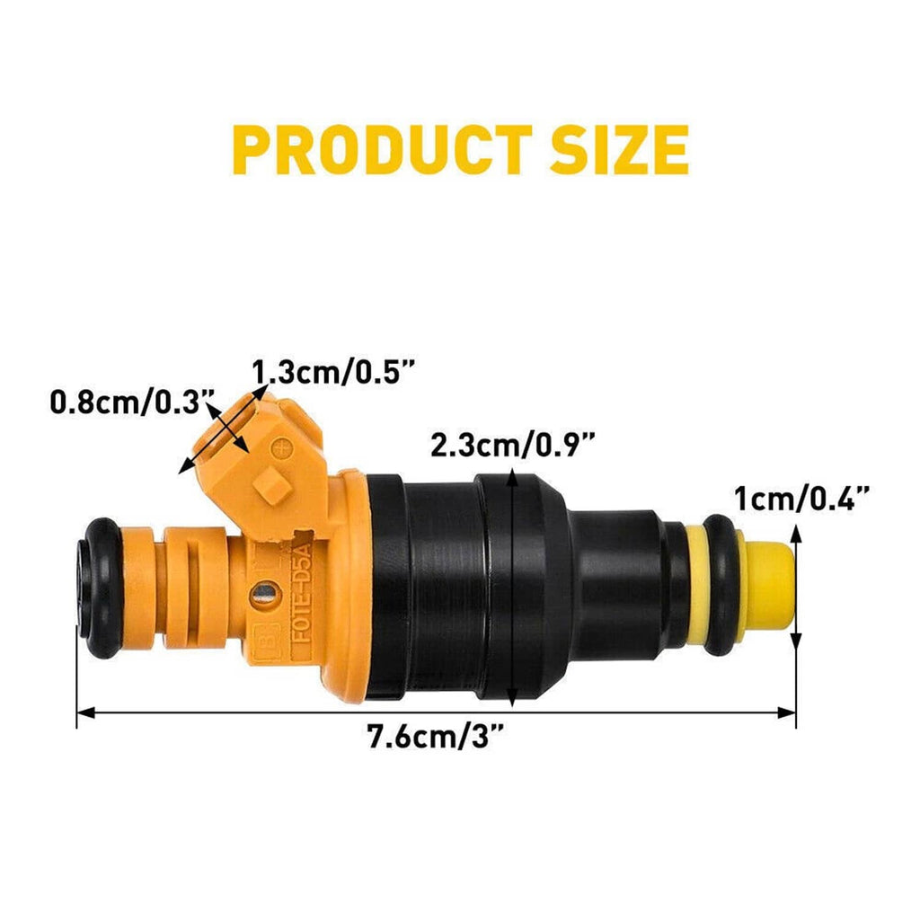 Single orange and black fuel injector with yellow inlet tip, shown with size markers