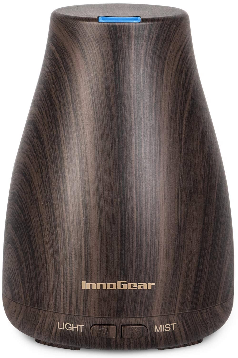 Brown ultrasonic essential oil diffuser with dark woodgrain finish and mist/light controls