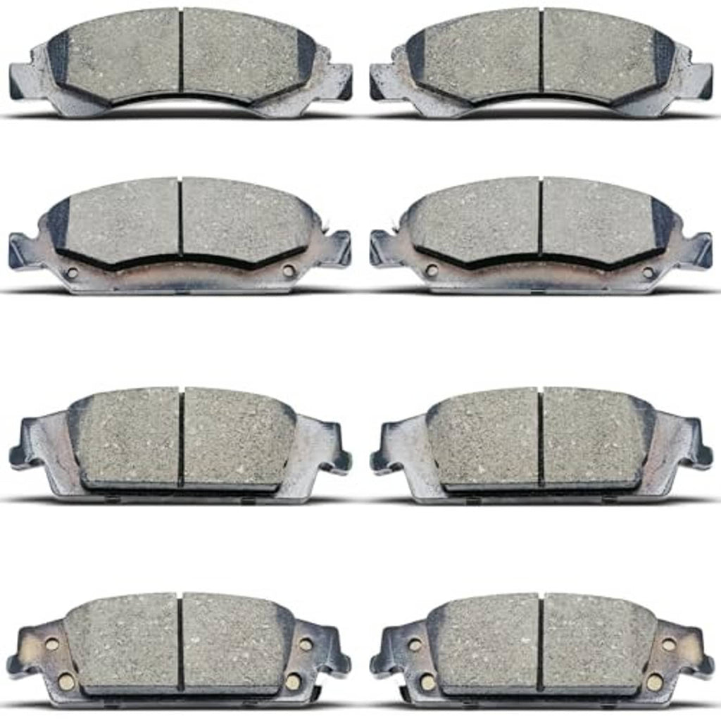 Ceramic brake pads set with two-piece pads, front and rear layout shown