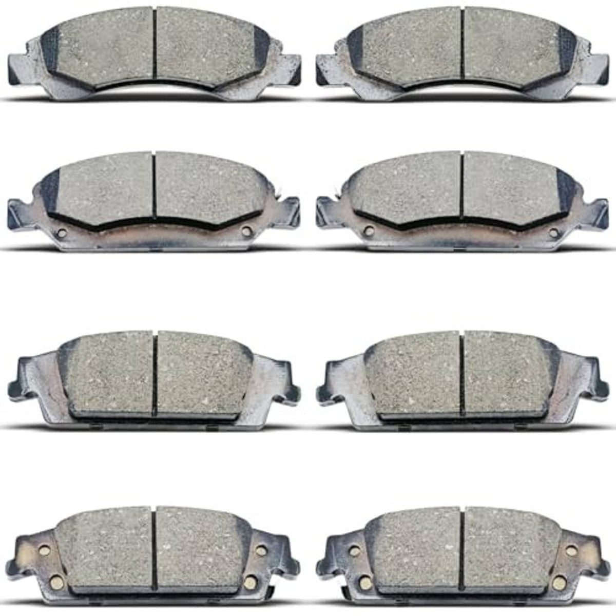 Ceramic brake pads set with two-piece pads, front and rear layout shown