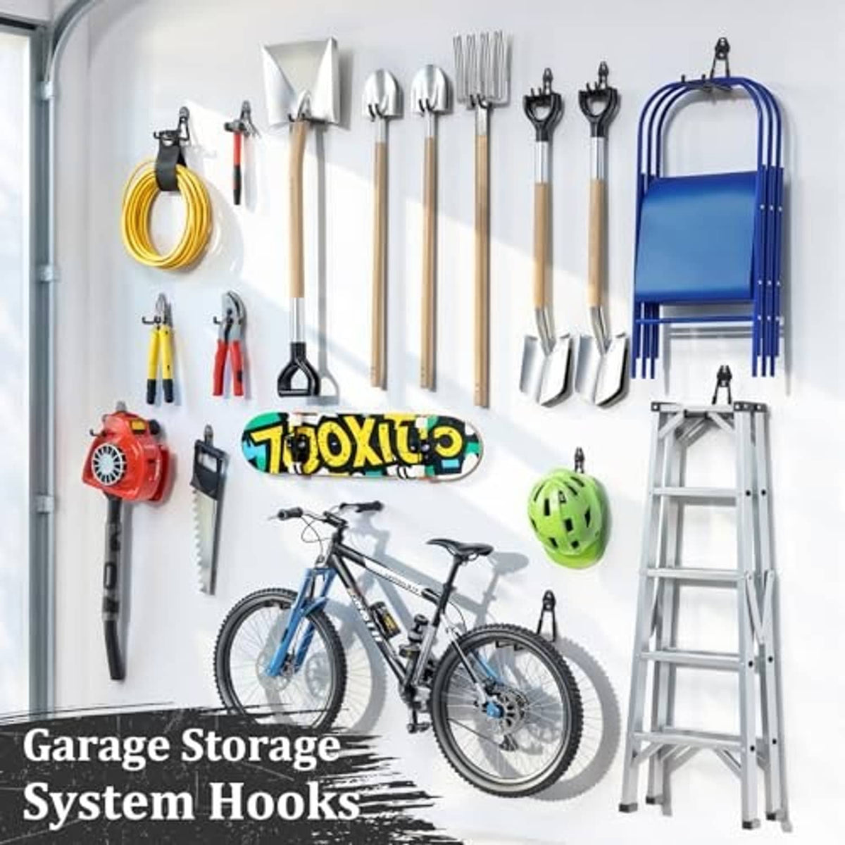 Black garage wall hooks set mounted on a board, multiple U-shaped steel hook ends