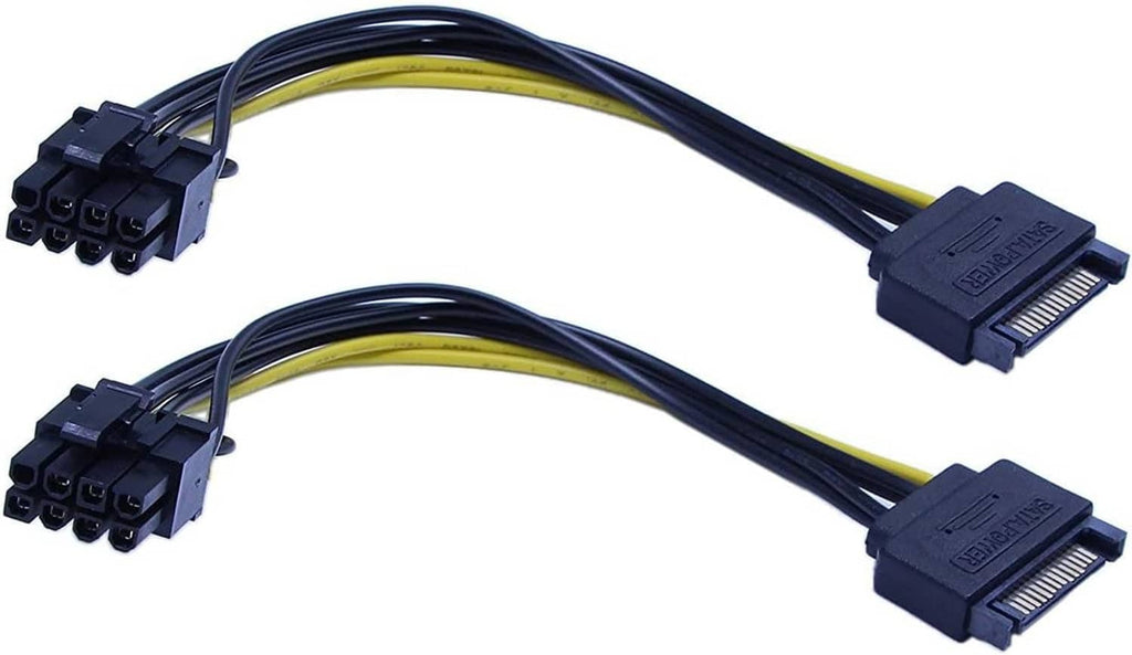 Power adapter cable pair, PCIe 8-pin (6+2) plug to SATA 15-pin plug