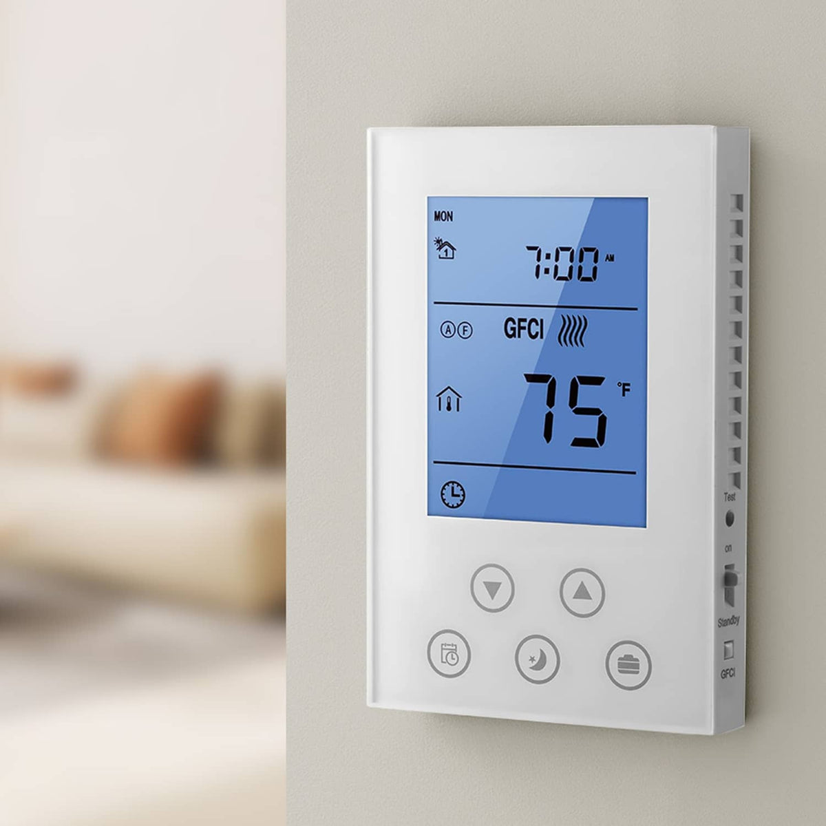 White wall-mounted thermostat with blue display showing 75°F temperature