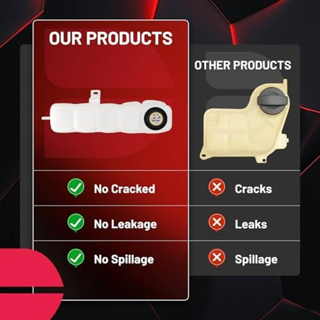 Coolant reservoir bottle comparison graphic showing intact vs cracked tank versions