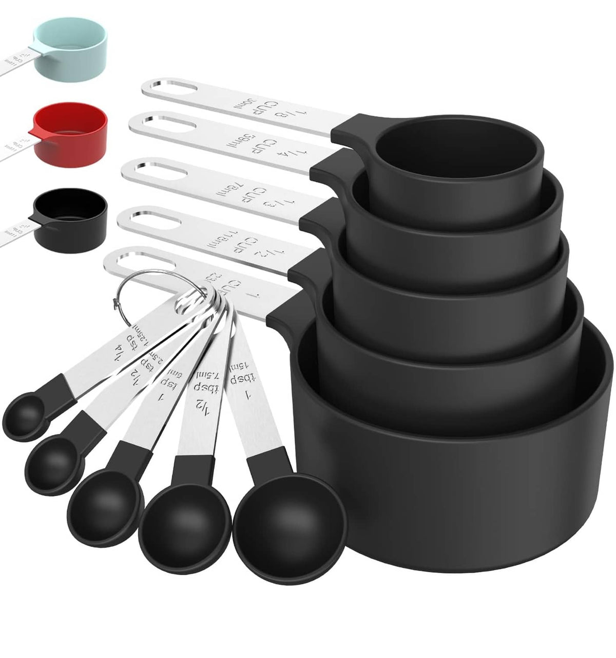 Black stackable measuring cups with white measurement bands and nested measuring spoons