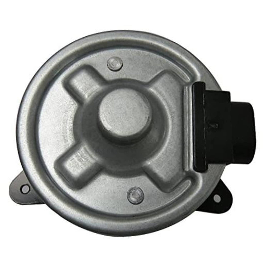 Cooling fan motor for car condenser, silver metal housing with mounting tabs and bracket