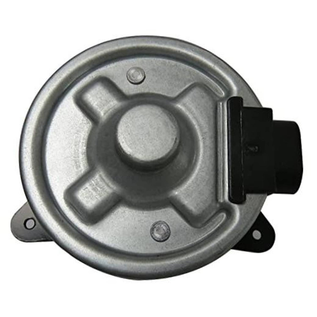 Cooling fan motor for car condenser, silver metal housing with mounting tabs and bracket